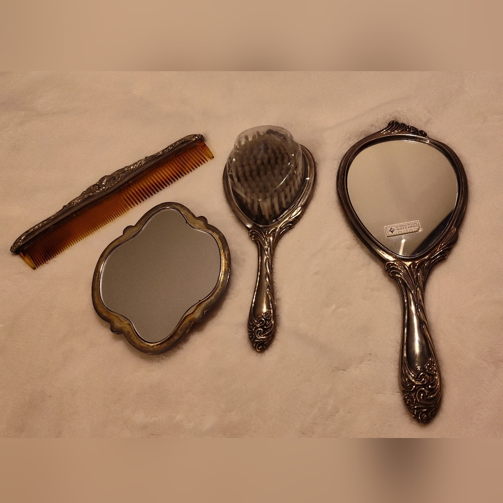 Elegant Silver Vanity Set with Mirrors and Brush
